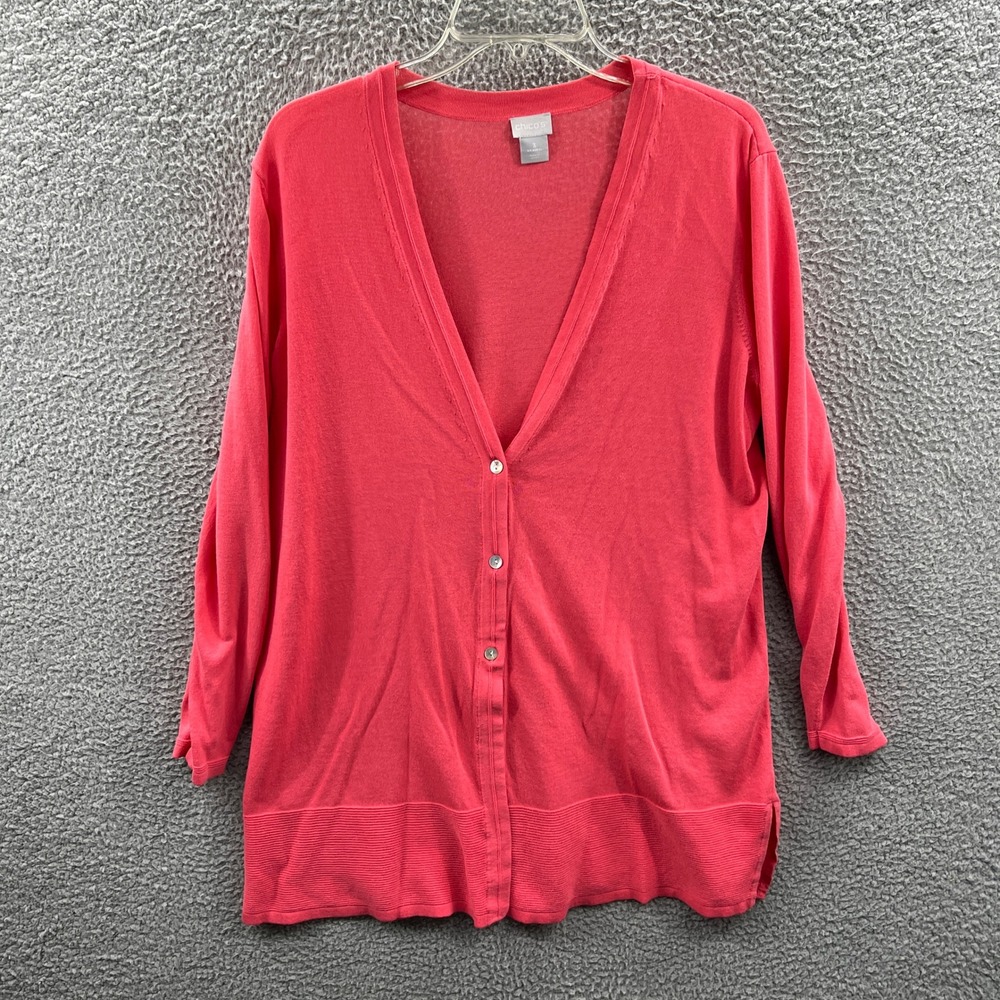Chicos Women Knit Cardigan XL Red Coral Button Front Long Sleeve Layering Office
